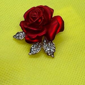 NWT Elegant Red Rose Brooch with Crystal Accents